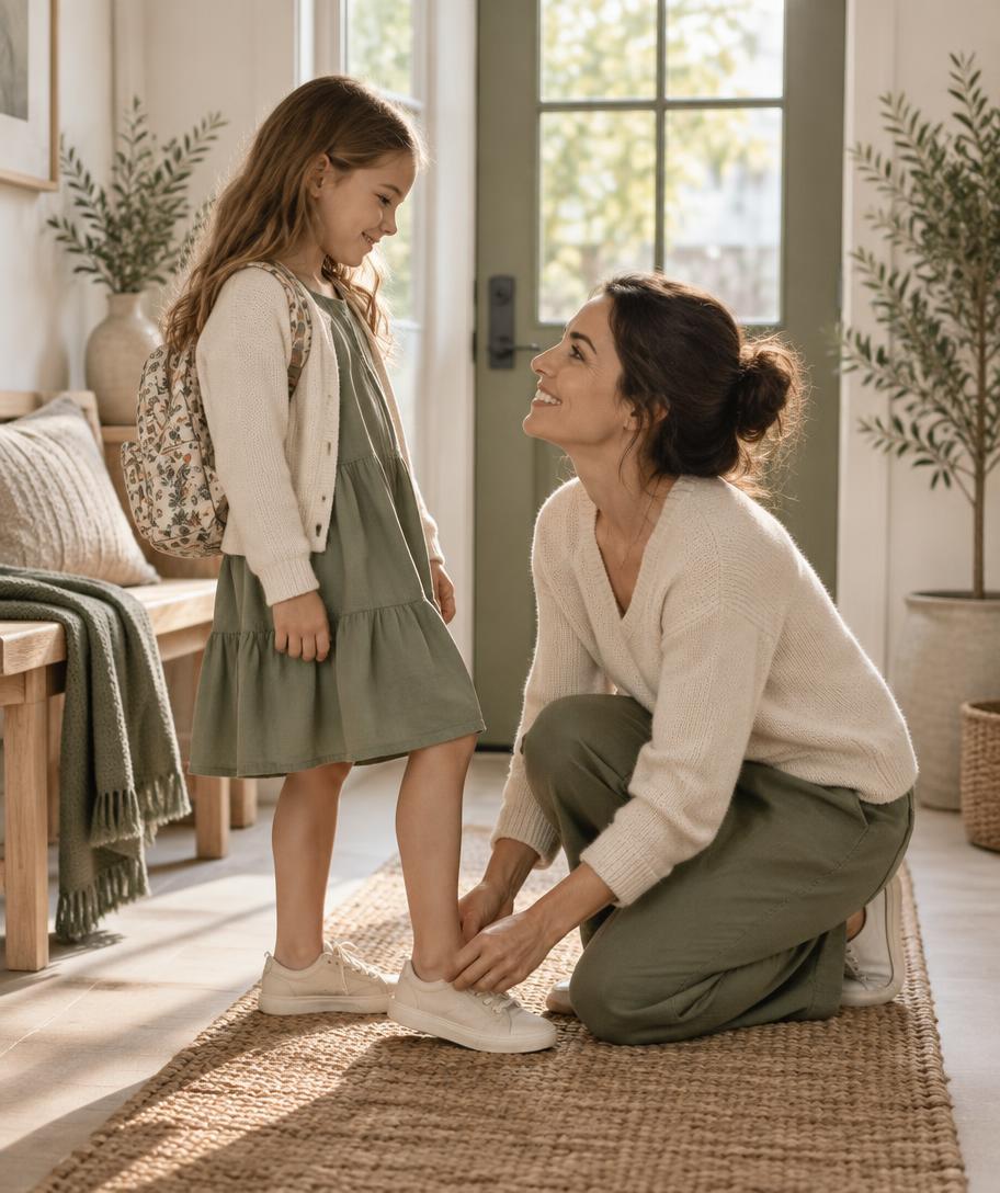 A mother calmly connecting with her child during the morning routine